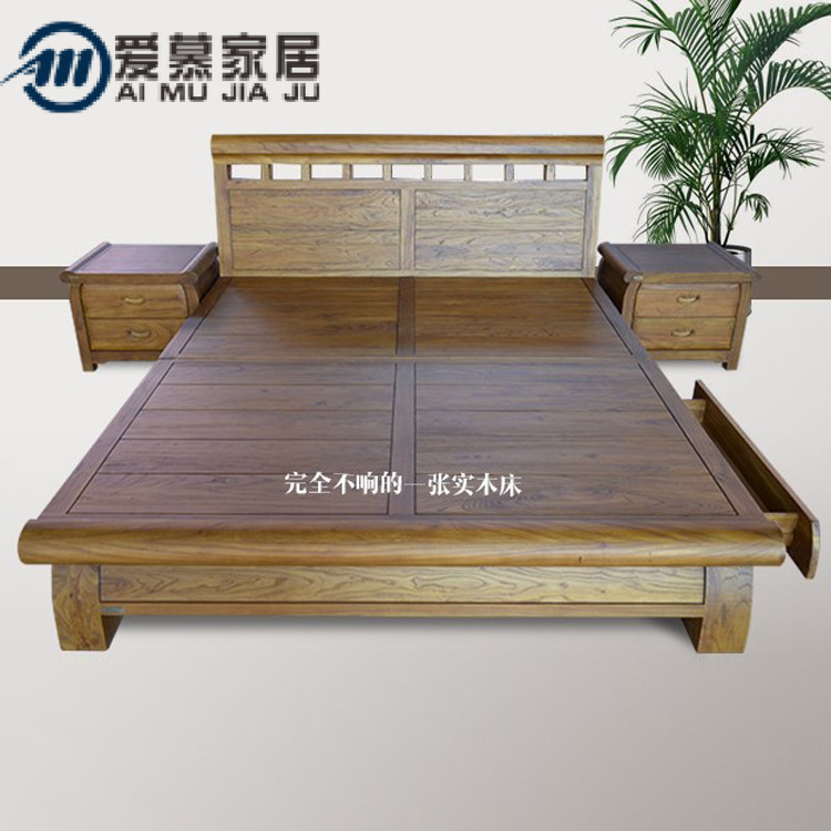 厚重款榆木翘头床 古典中式纯实木双人床 带抽屉老榆木1.8米床|ms