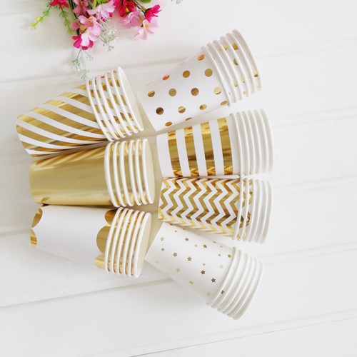 New gold-plated 270ml paper cups with 9.5 inches, disposable cups, featuring stripe and round dot patterns with gold star decorations, pack of 8
