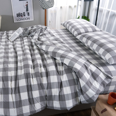 Japanese Unstamped Washed cotton Four piece suit Cotton Solid lattice pure cotton sheet Bed cover The bed Quilt cover