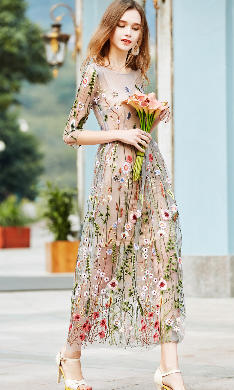 Women's Lace Flower Embroidery Dress Long Sleeve Evening Party Cocktail  Dresses | eBay