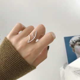 S925纯银 韩国韩版时尚潮流曲线锆石流线型设计戒指个性气质戒子
