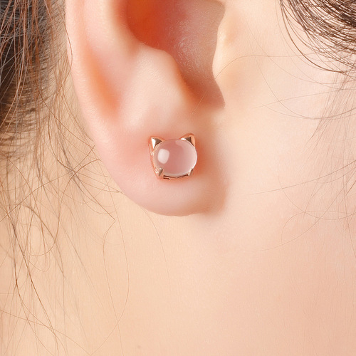 Korean version of sweet and cute girl pink crystal cat earrings for women natural cat's eye stone cute cat earrings jewelry