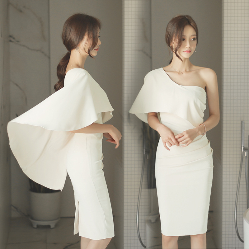 Chanel Style One-word Collar Banquet Dress Cross-border Women's Korean-style Elegant-neck Evening Dress Bat-sleeve Dress