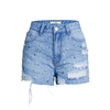 New high waist jeans pearl beaded female summer denim shorts