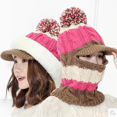 毛線帽子女秋冬天針織帽加長護脖女士騎車防風護耳帽子加絨連體帽