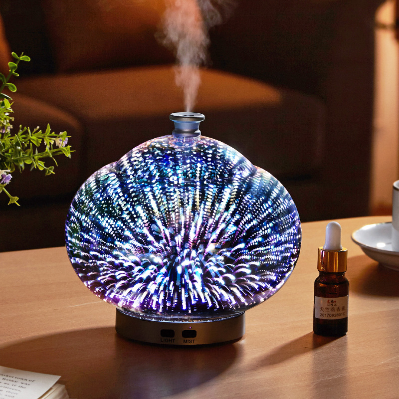 香薰机加湿器 3d七彩香薰夜灯玻璃家用超声波出雾静音精油扩香机