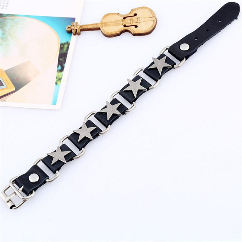 Pentagram Pattern Hip-Hop Pentagram Alloy Leather Iron Men'S Bracelets Men Cord & Leather Bracelets