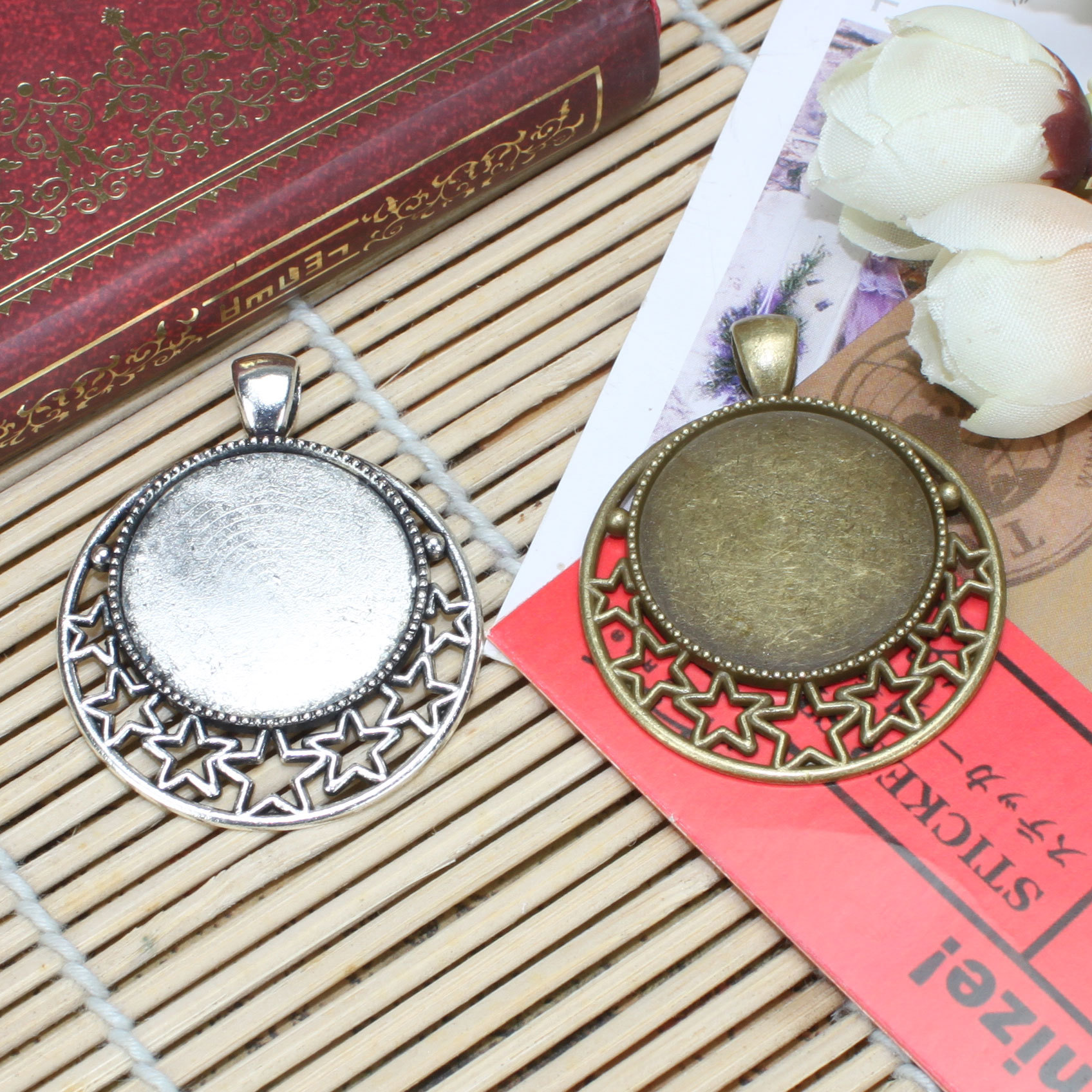 44*36mm镂空五角星圆形底托贴25MM古青铜/古银饰品配件1295挂