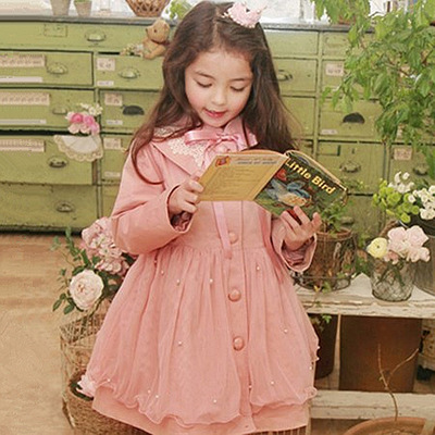 韩国原版2018秋冬款 女童装纯棉甜美舒适长款长袖外套风衣中小童