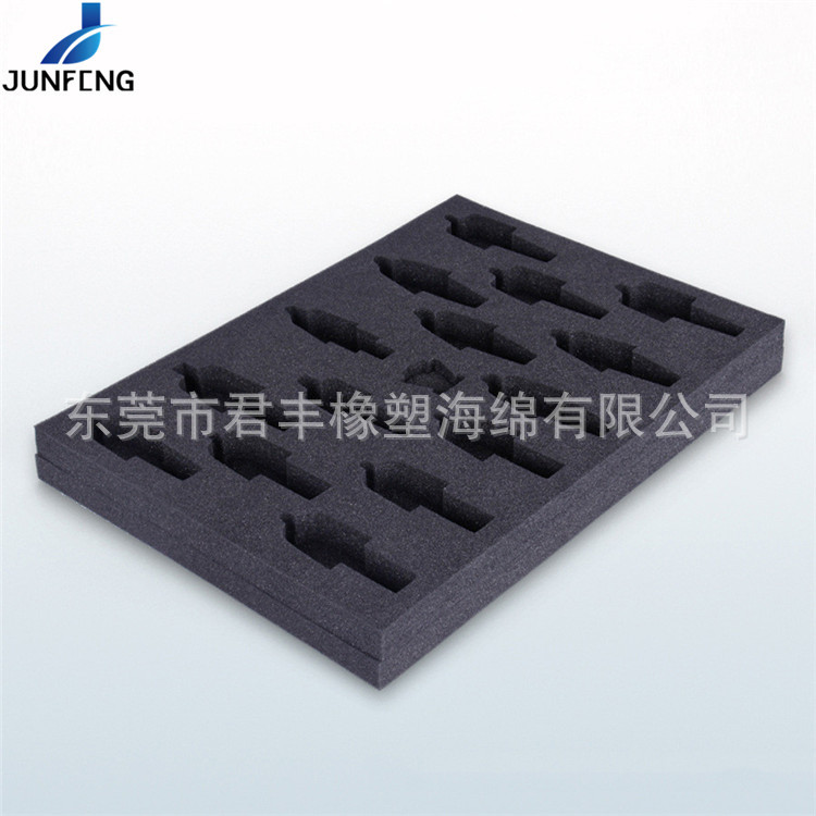 君丰供应18kg粘贴成型黑色海绵内衬 仪器防震聚氨酯发泡海绵内托