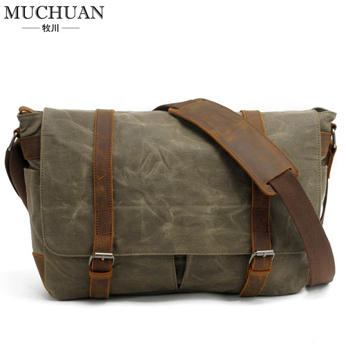 Retro canvas shoulder bag, casual cross-body bag for men, waxed waterproof canvas computer bag with crazy horse leather messenger bag wholesale