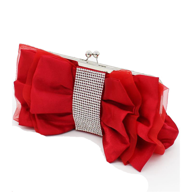 Túi clutch dạ tiệc satin nơ xếp ly đính kim cương – kèm dây đeo chéo — Màu đỏ, Màu đen, Màu Sâm panh, Màu bạc chi tiết 5