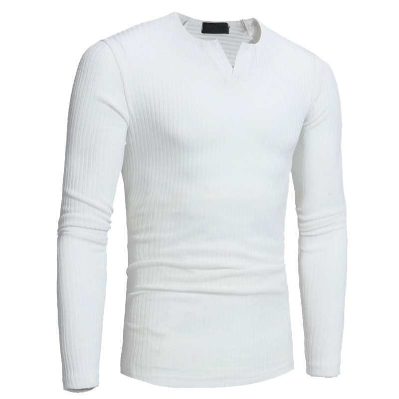 T-shirt da uomo con scollo a V a righe verticali a maniche lunghe lavorata a maglia sottile_voghion.com