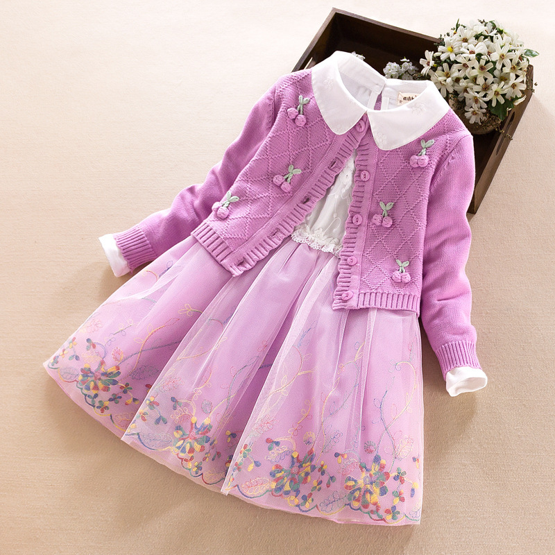 童毛衣2018秋冬女童纯棉毛衣两件套群甜美长袖毛衣开衫套装代发