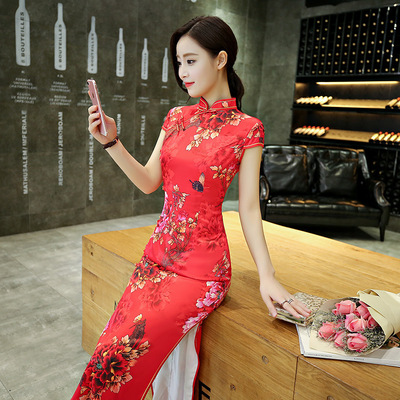 Women red floral chinese dresses qipao Cheongsam long Lady performance Dress