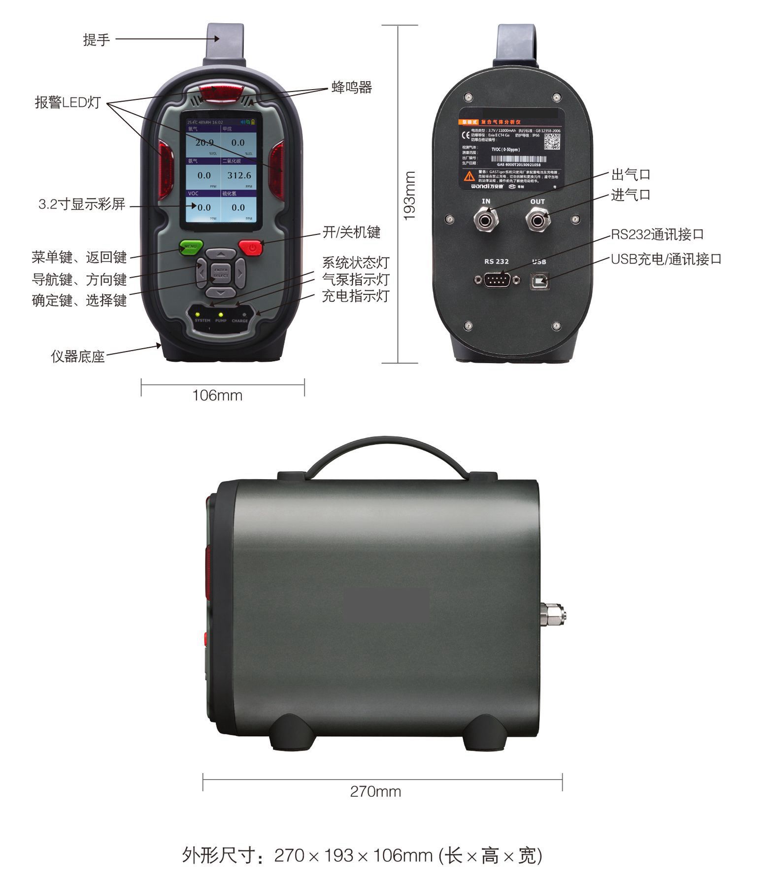 GASTiger6000外型尺寸及按键图示_副本