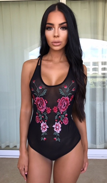Embroidered Bodysuit with Peony Flower Design