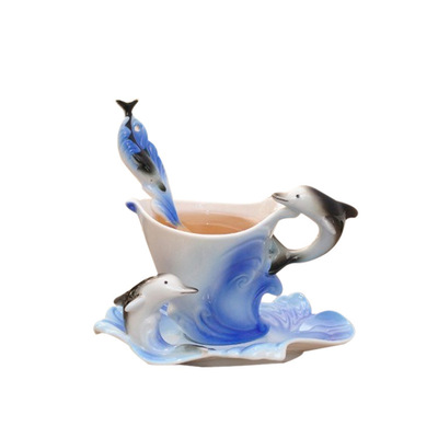 景德鎮陶瓷咖啡杯碟法蘭瓷海豚杯子咖啡具套裝歐式套裝托盤帶勺子