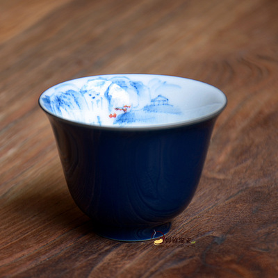 景德镇手绘陶瓷茶杯套装霁蓝品茗杯功夫茶杯主人杯个人杯logo定制