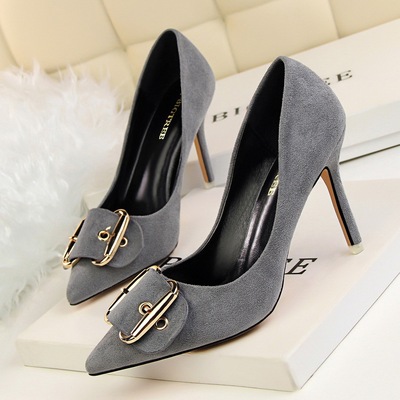 806-2 han edition retro high heels with shallow mouth pointed frosted suede metal buckles belt buckle women's shoes