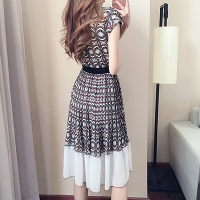裙子女夏季新款韩版显瘦V领中长款印花百褶雪纺连衣裙大摆裙17329