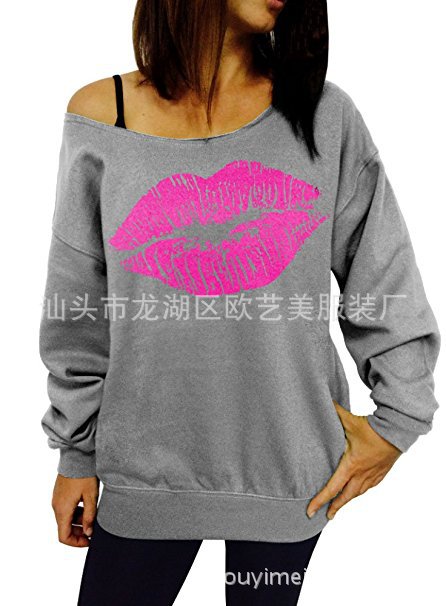 Off Shoulder Long Sleeve Sweatshirt Loose Fit Lip Print Casual Style Womens Top for Everyday Wear Wholesale