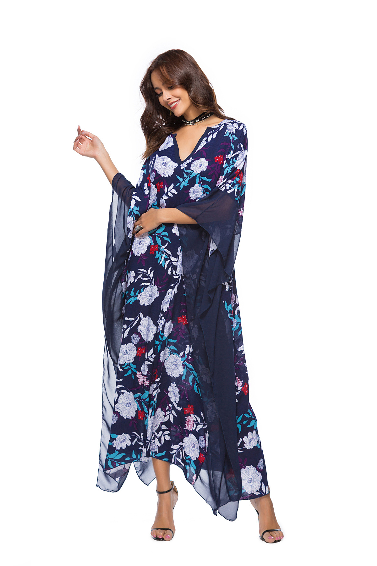 spring new V-neck bat sleeve printed dress NSDF25588