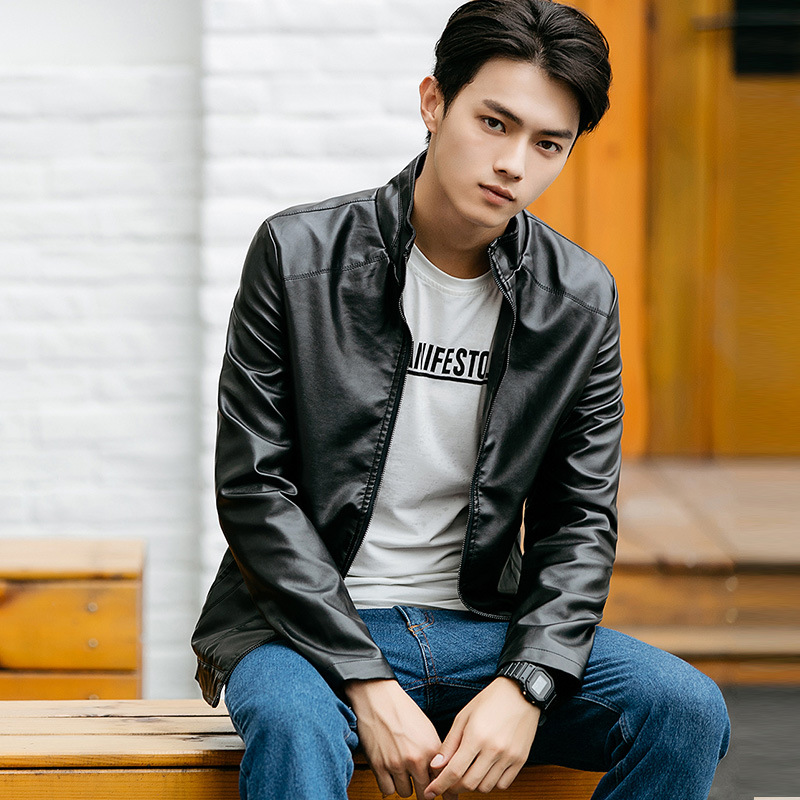 2018新款男士pu皮衣韩版紧身开衫拉链立领外套拼接皮男装青年夹克|ru