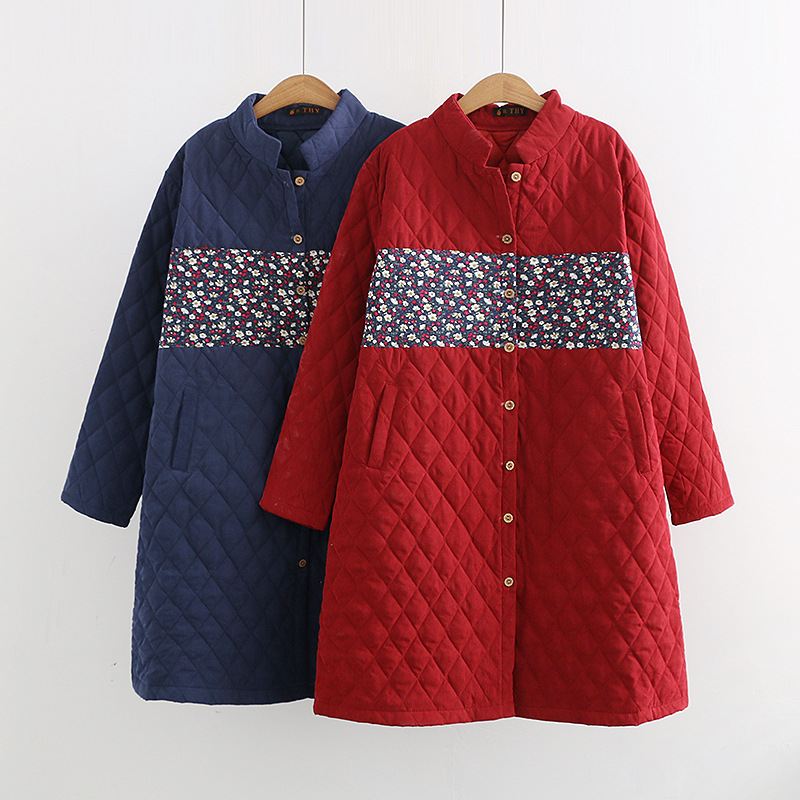 2018 Autumn and winter XL Women's wear Ethnic style Mid length version Broken flowers Stand collar Light and thin cotton-padded clothes 07053