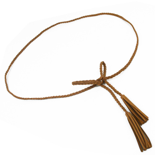 Retro Korean-style versatile matte leather tassel waist rope with round gold ring—delicate woven belt perfect for sweater and skirt accents