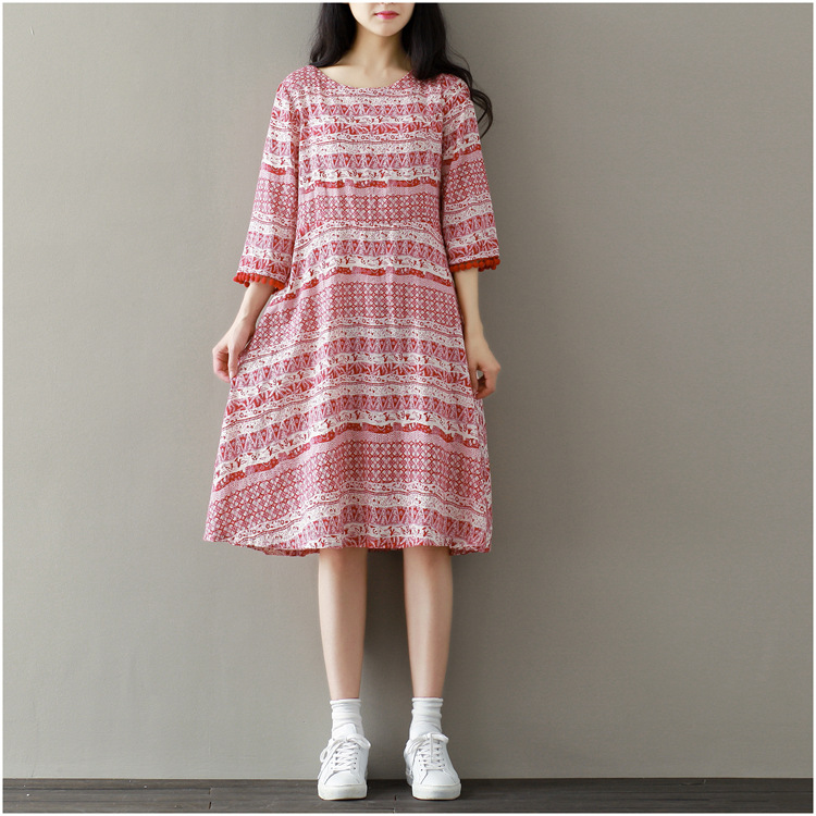 2021夏季新款女装文艺棉布流苏印花复古宽松五分袖中长款连衣裙