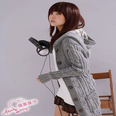 Cross border autumn and winter Knitwear Women Mid length version lattice Hooded Solid Twist thickening sweater Cardigan coat