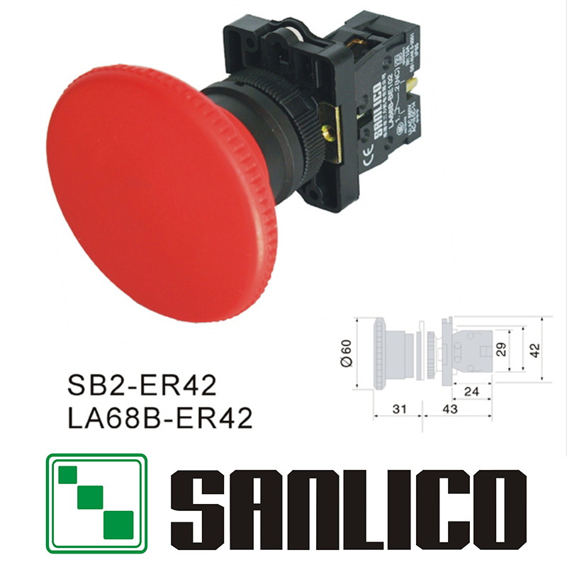 塑料紧急停止自返复位大蘑菇头按钮开关SB2 XB2 LA68B-ER42 60mm