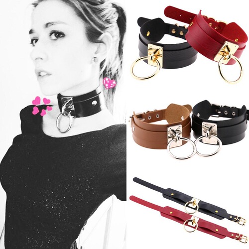 European and American punk street photography, trendy men and women, exaggerated sexy neck straps, oversized O-round metal BDSM restraint collars