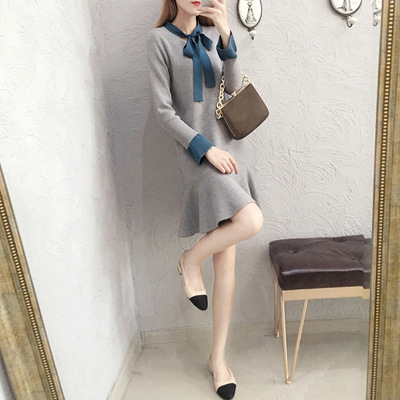 针织连衣裙女秋冬时尚纯色长袖打底裙宽松韩版大码毛衣裙代发9063|ru