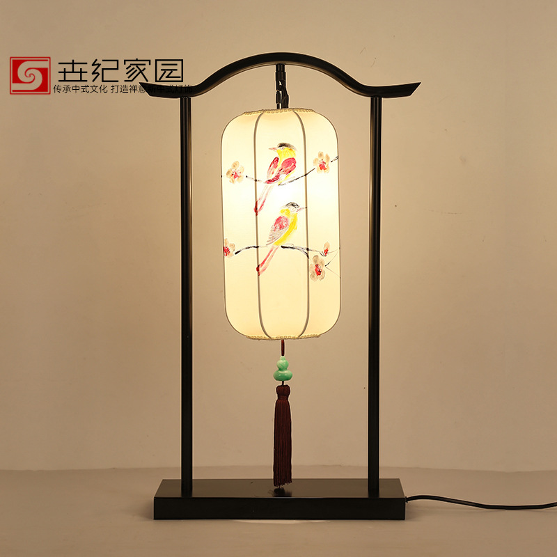 新中式台灯中国古典手绘布艺卧室书房台灯铁艺酒店宾馆装饰灯具|ms