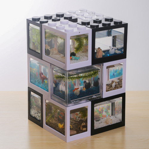 Creative Box Fish Tank with Ecosystem Cube, Building Blocks, Fighting Fish Tank, Algae Balls, Spiders, Ants, Small Mini Reptile Tank, and Sorting Tank