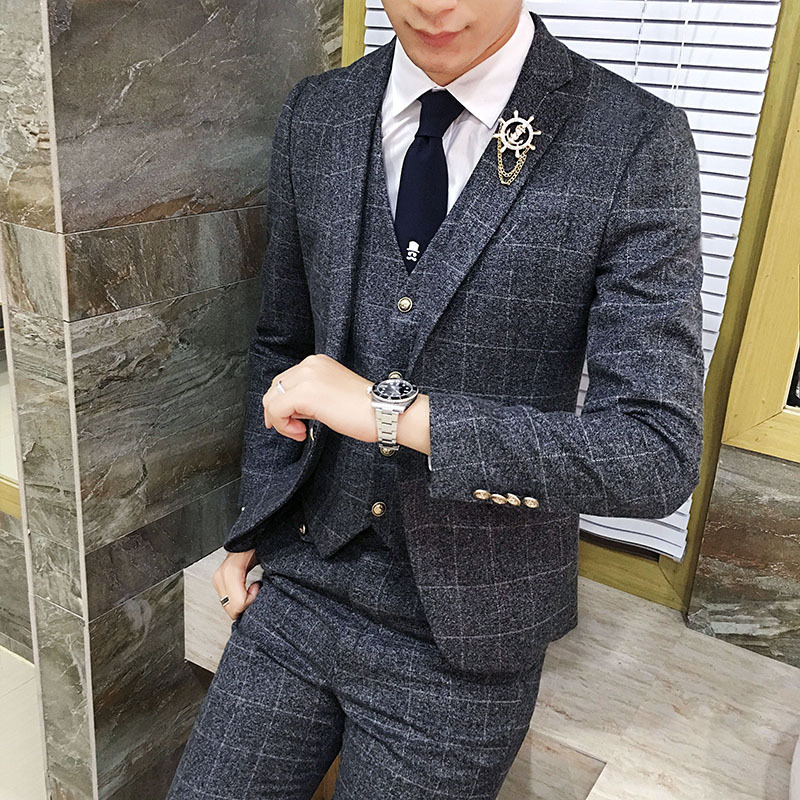 Spring and autumn new men's slim check suit three piece British Style Men's bridegroom best man suit business dress