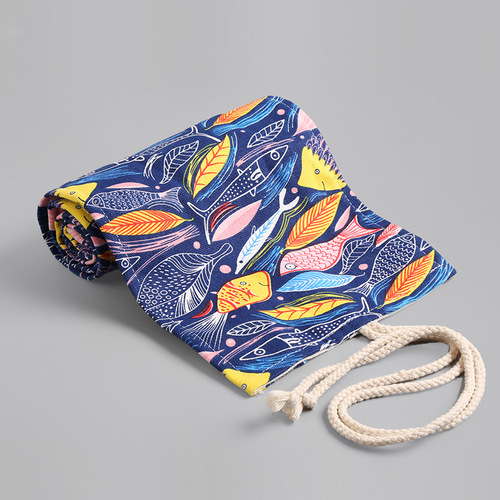 Colorful fish print handmade canvas art pen curtain 36 48 72 holes large capacity pencil bag color lead sketch stationery bag