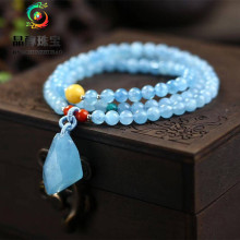 晶醇水晶海蓝宝三圈手链配蜜蜡南红绿松石海蓝宝随形冰块吊坠手串