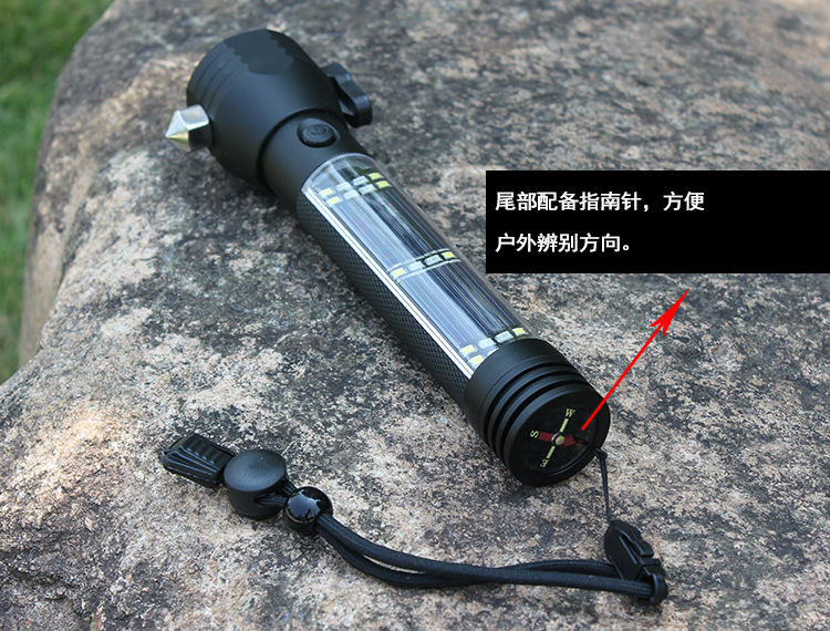 户外多功能强光充电铝合金太阳能手电筒带USB救生锤应急手电筒 pic 24