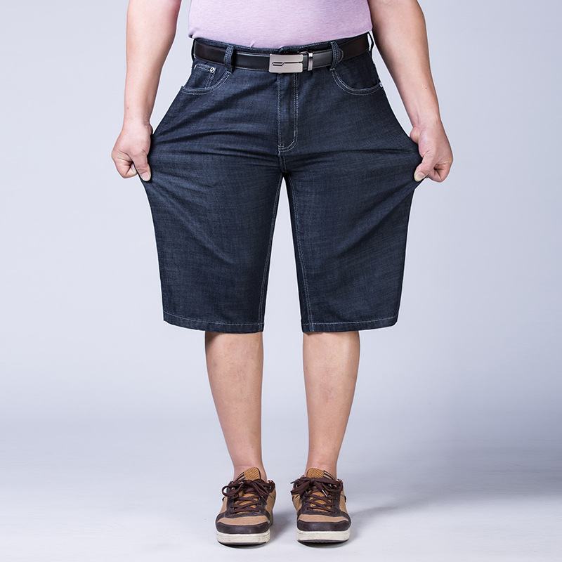 Summer Thin Large Size Elastic Seven-point Denim Shorts Men's Fat Men's Deep Crotch Loose Middle-aged and Old Fat Men's Seven-point Medium Pants