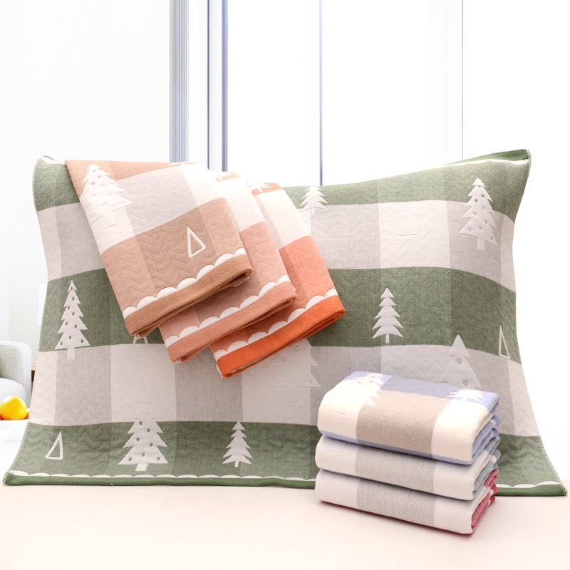 棉质枕巾 三层纱布枕头巾成人格子情侣枕巾 日式无印系列纱布枕巾|ru