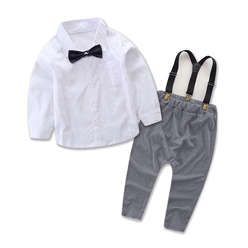 Spring and Autumn New Gentleman's Set Fashion Boys' Baby White Tie Shirt+Strap Pants_voghion.com
