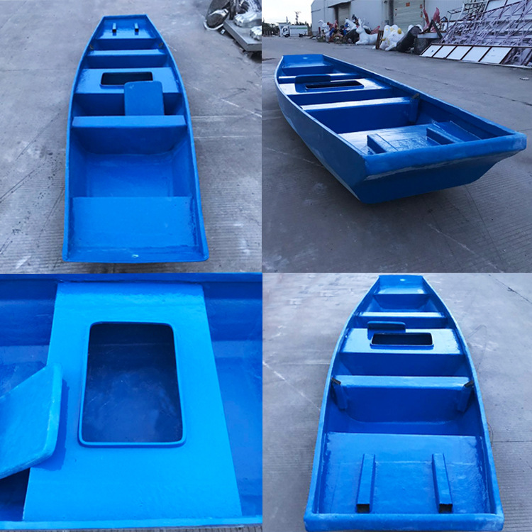 加厚漁船廣州4.3米加厚藍色玻璃鋼挂機加魚艙款漁船、養殖捕魚等