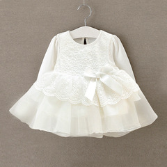 Children's European and American spring and autumn white long-sleeved bowknot lace puffy dress children's clothing ins 