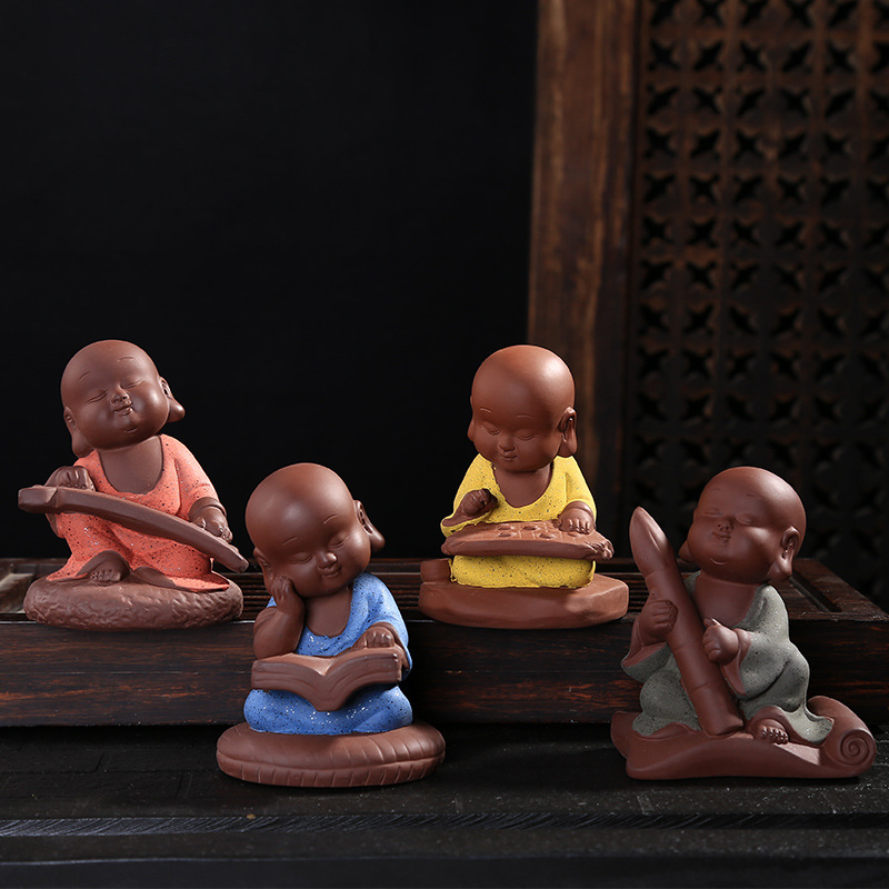 廠家批發 琴棋書畫茶寵擺件 小和尚茶寵紫砂彩砂陶茶寵居家擺件