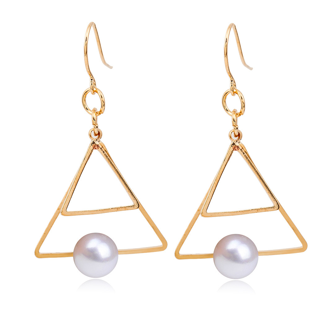 Hot Sale Multilayer Geometric Triangle Earrings Vintage Pearl Double Triangle Stud Earrings Wholesale display picture 4