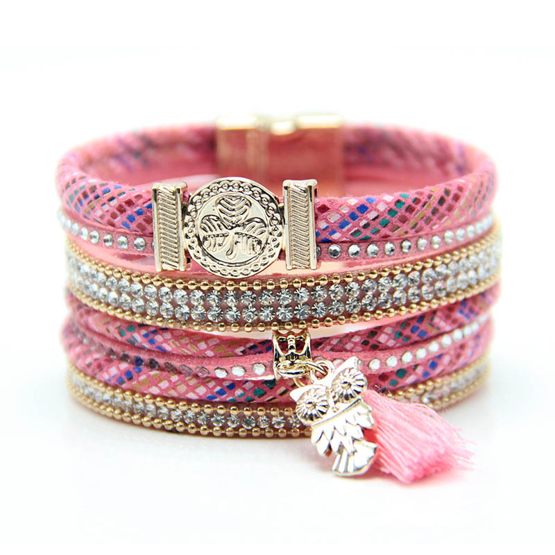 Style Ethnique Hibou Faux Cuir Incruster Diamant Artificiel Femmes Bracelet display picture 4