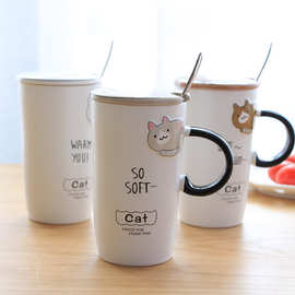 创意可爱CAT浮雕猫咪陶瓷水杯卡通牛奶咖啡情侣带盖带勺马克杯子